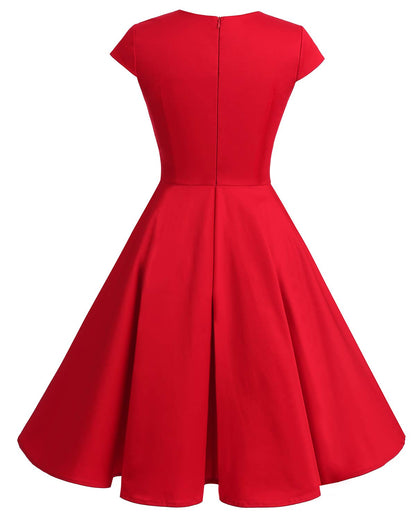 bbonlinedress 1950er Vintage Retro Cocktailkleid Rockabilly V-Ausschnitt Faltenrock Red 2XL