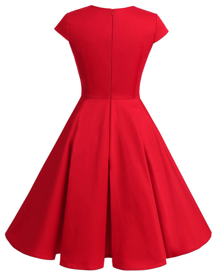 bbonlinedress 1950er Vintage Retro Cocktailkleid Rockabilly V-Ausschnitt Faltenrock Red 2XL