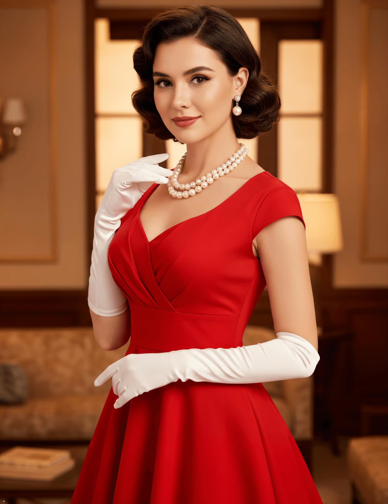 bbonlinedress 1950er Vintage Retro Cocktailkleid Rockabilly V-Ausschnitt Faltenrock Red 2XL