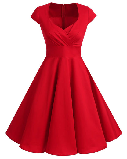 bbonlinedress 1950er Vintage Retro Cocktailkleid Rockabilly V-Ausschnitt Faltenrock Red 2XL