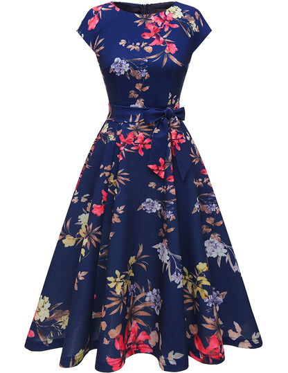 DRESSTELLS Cocktailkleid Damen Festliche Kleider 1950er Knielang Rockabilly Hochzeitkleid Abendkleid Kurz Swing Partykleid Vintage Petticoat Kleid Navy Flower 2XL