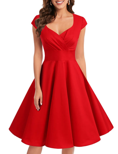 bbonlinedress 1950er Vintage Retro Cocktailkleid Rockabilly V-Ausschnitt Faltenrock Red 2XL