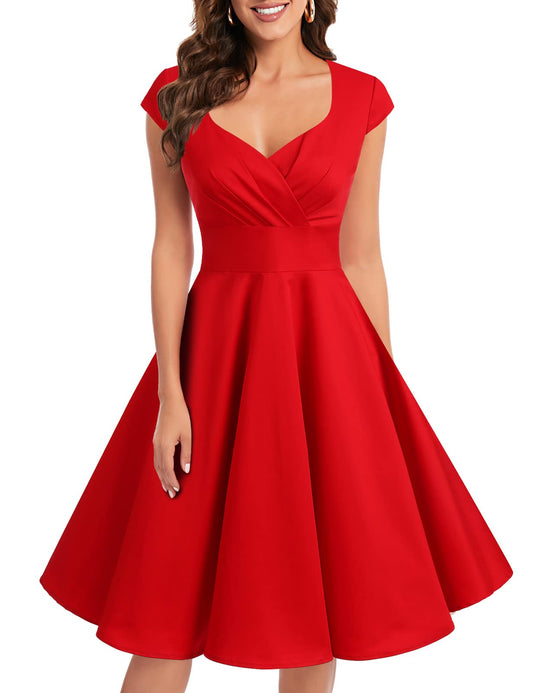 bbonlinedress 1950er Vintage Retro Cocktailkleid Rockabilly V-Ausschnitt Faltenrock Red 2XL