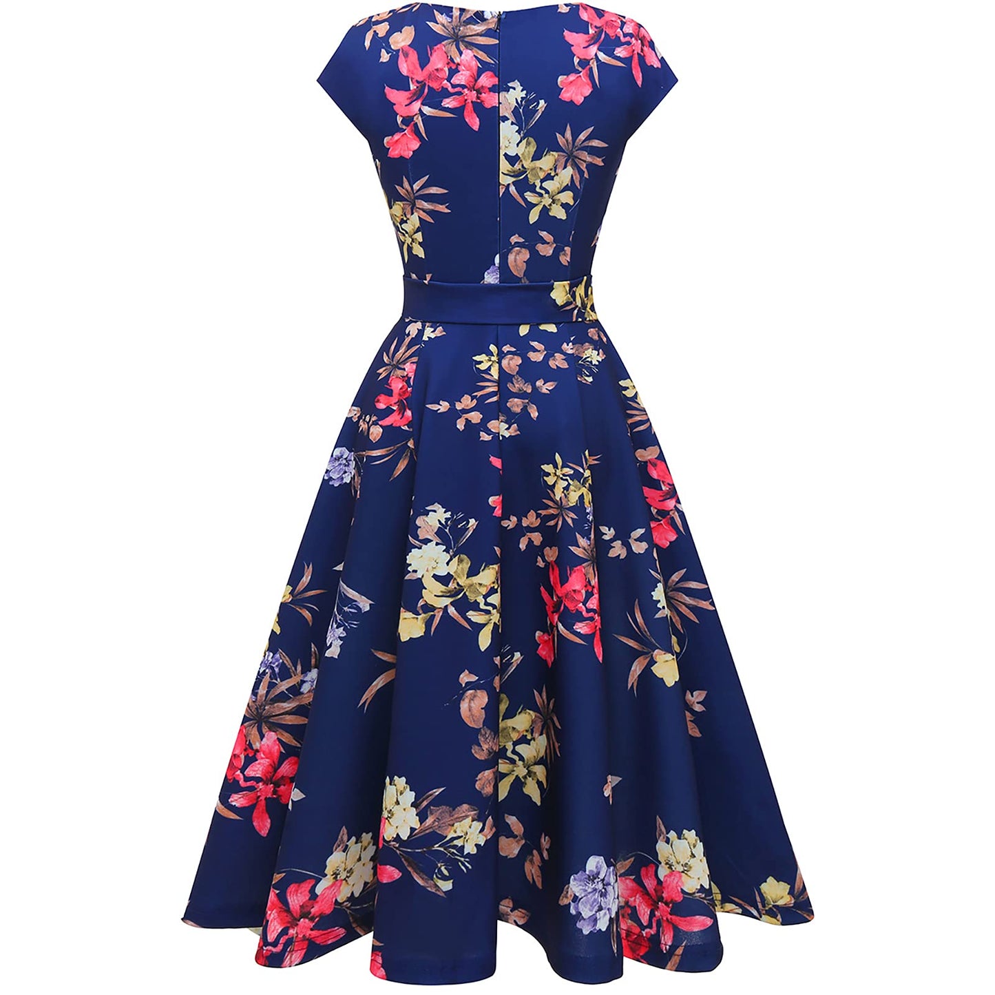 DRESSTELLS Cocktailkleid Damen Festliche Kleider 1950er Knielang Rockabilly Hochzeitkleid Abendkleid Kurz Swing Partykleid Vintage Petticoat Kleid Navy Flower 2XL