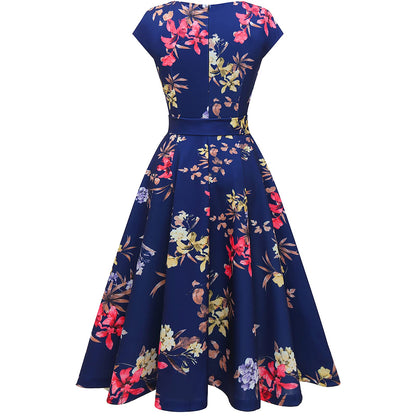 DRESSTELLS Cocktailkleid Damen Festliche Kleider 1950er Knielang Rockabilly Hochzeitkleid Abendkleid Kurz Swing Partykleid Vintage Petticoat Kleid Navy Flower 2XL