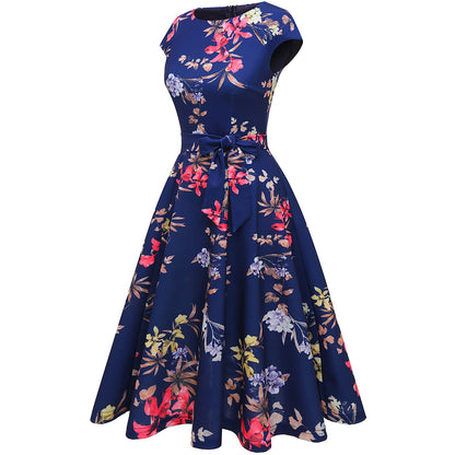 DRESSTELLS Cocktailkleid Damen Festliche Kleider 1950er Knielang Rockabilly Hochzeitkleid Abendkleid Kurz Swing Partykleid Vintage Petticoat Kleid Navy Flower 2XL