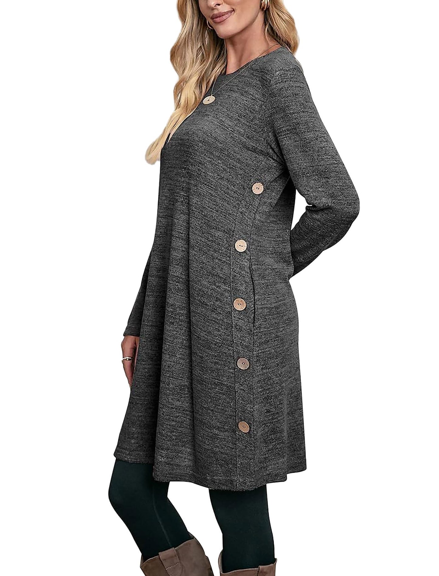 Langärmeliges Tunika-Kleid für Damen, Herbst-Outfits mit Taschen und Knöpfen, GRAU, XX-Large
