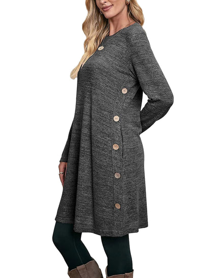 Langärmeliges Tunika-Kleid für Damen, Herbst-Outfits mit Taschen und Knöpfen, GRAU, XX-Large