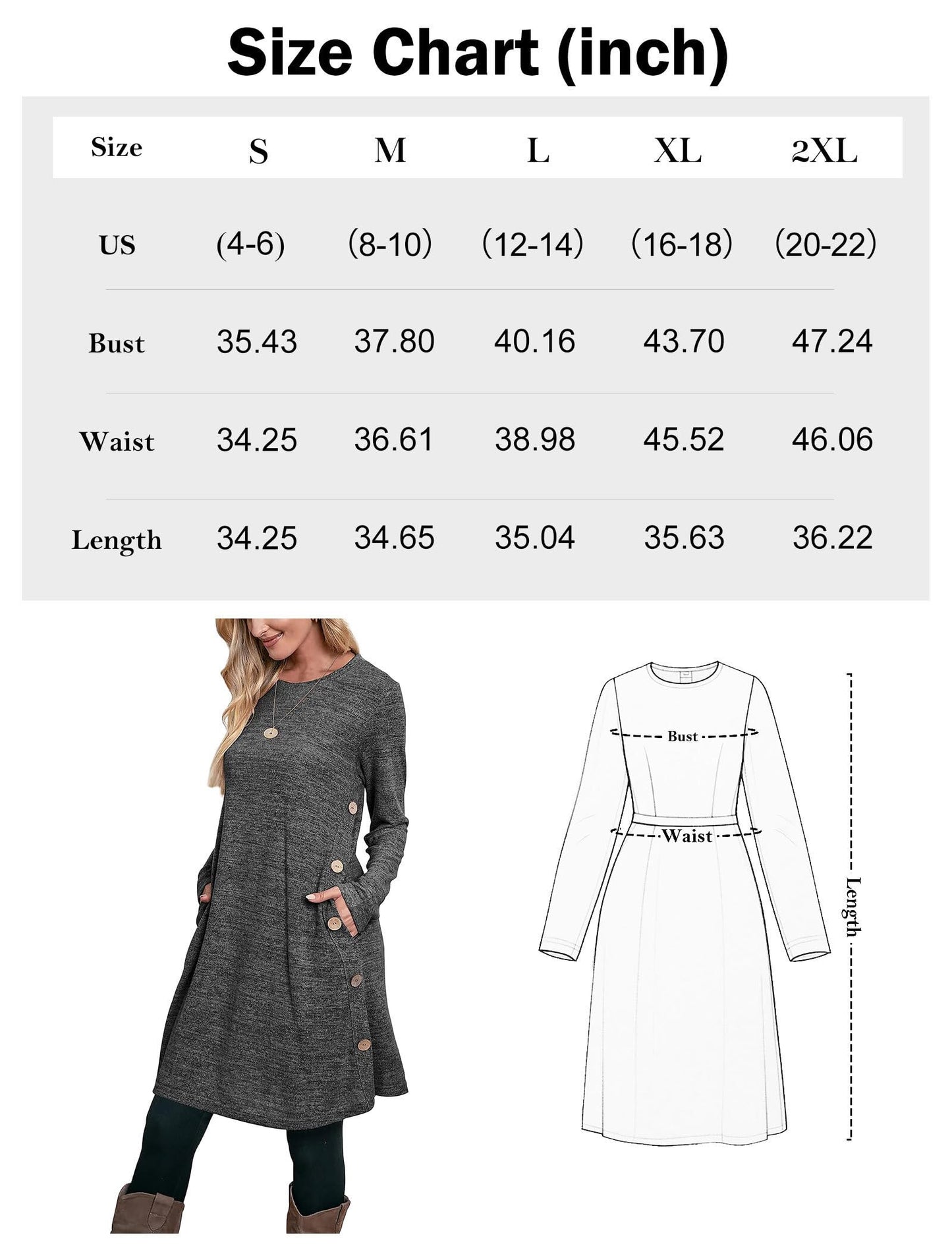 Langärmeliges Tunika-Kleid für Damen, Herbst-Outfits mit Taschen und Knöpfen, GRAU, XX-Large
