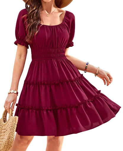 Beluring Sommerkleid Damen Puffärmel Kurzarm Tunika Kleid Vintage Kleider mit Taschen Weinrot M