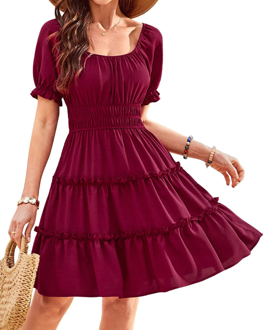 Beluring Sommerkleid Damen Puffärmel Kurzarm Tunika Kleid Vintage Kleider mit Taschen Weinrot M