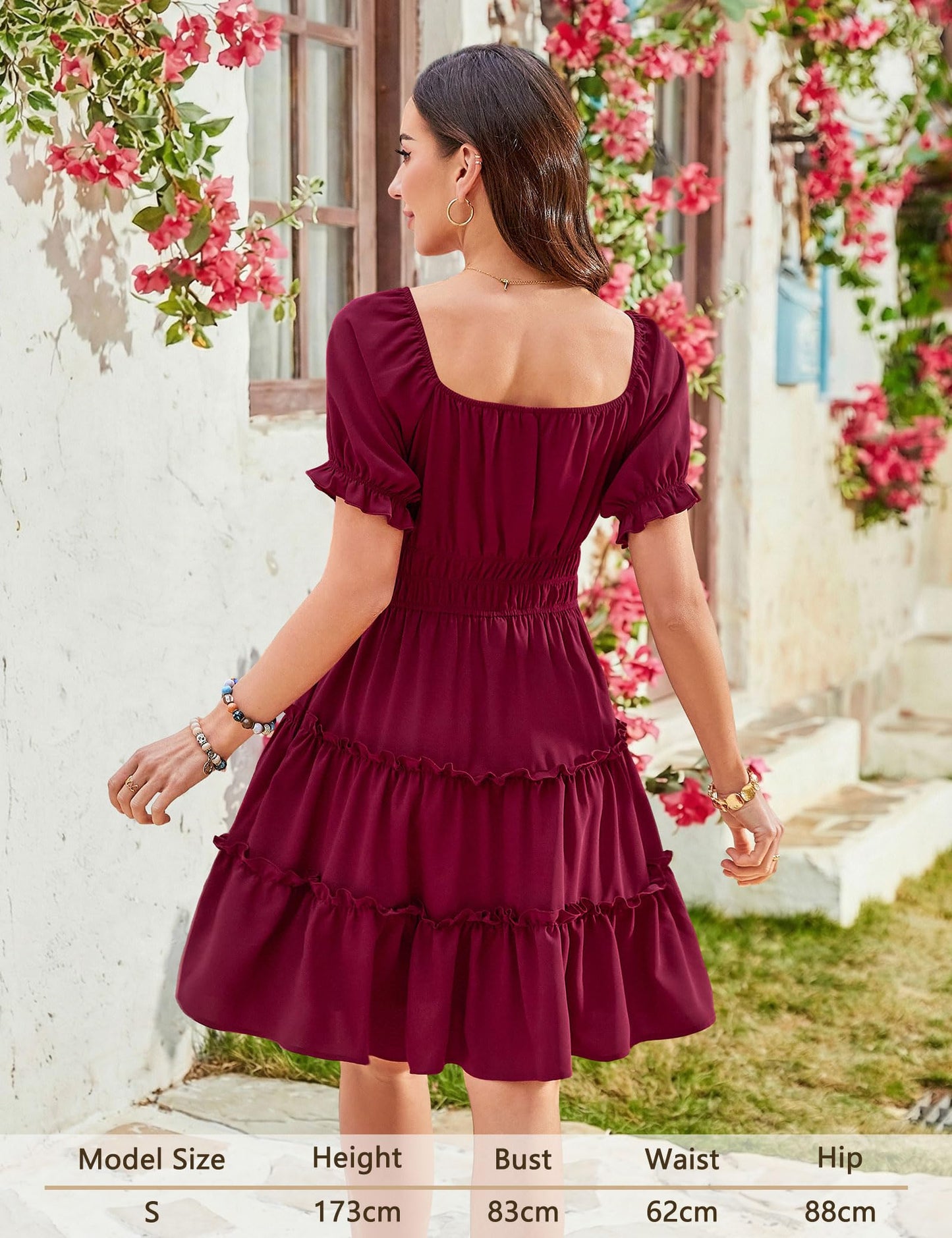 Beluring Sommerkleid Damen Puffärmel Kurzarm Tunika Kleid Vintage Kleider mit Taschen Weinrot M