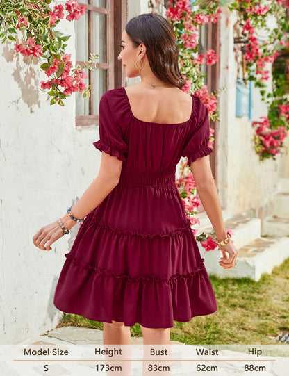 Beluring Sommerkleid Damen Puffärmel Kurzarm Tunika Kleid Vintage Kleider mit Taschen Weinrot M