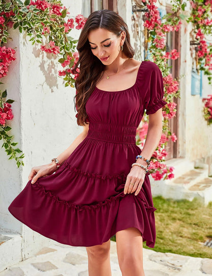 Beluring Sommerkleid Damen Puffärmel Kurzarm Tunika Kleid Vintage Kleider mit Taschen Weinrot M