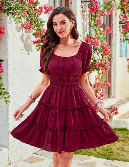 Beluring Sommerkleid Damen Puffärmel Kurzarm Tunika Kleid Vintage Kleider mit Taschen Weinrot M