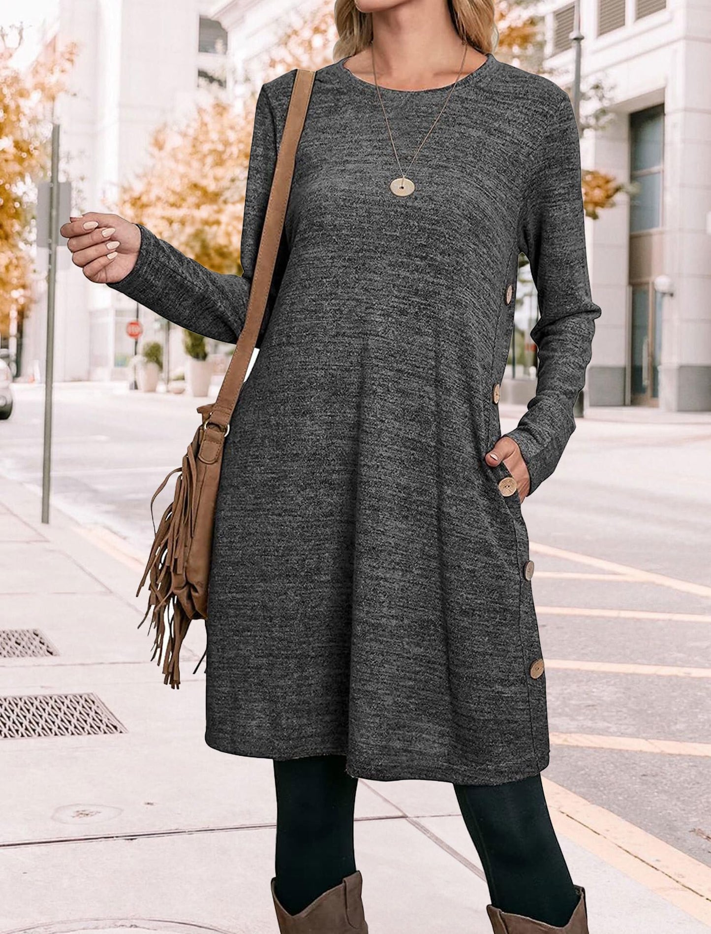 Langärmeliges Tunika-Kleid für Damen, Herbst-Outfits mit Taschen und Knöpfen, GRAU, XX-Large