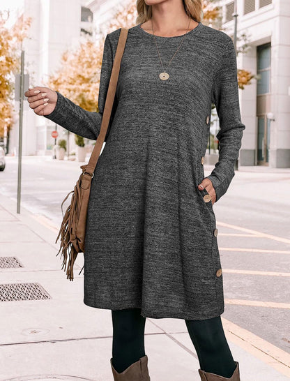 Langärmeliges Tunika-Kleid für Damen, Herbst-Outfits mit Taschen und Knöpfen, GRAU, XX-Large
