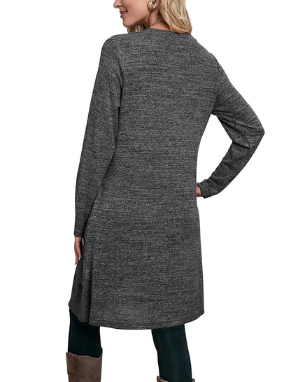 Langärmeliges Tunika-Kleid für Damen, Herbst-Outfits mit Taschen und Knöpfen, GRAU, XX-Large