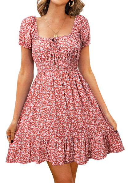 Livonmone Damen Kleid Lässig Sommerkleid Blumendruck Hohe Taille Kleider Puff Ärmel Retro Sexy Casual Tunika Beach Minikleid (Rosa, L)
