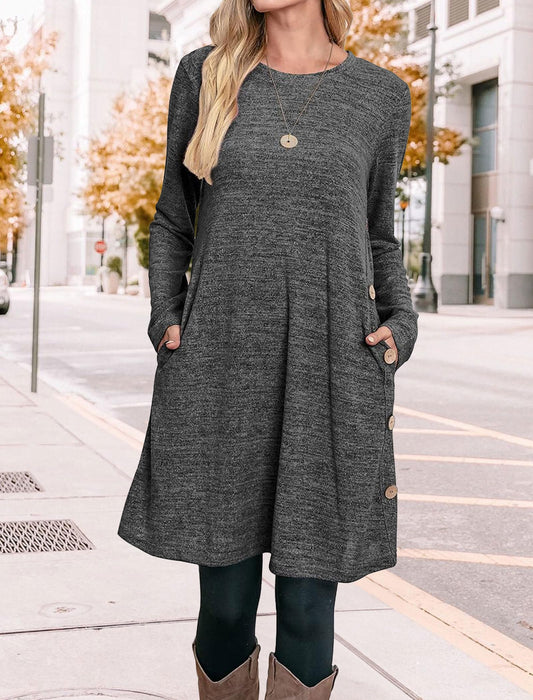 Langärmeliges Tunika-Kleid für Damen, Herbst-Outfits mit Taschen und Knöpfen, GRAU, XX-Large