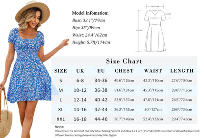 Livonmone Damen Kleid Lässig Sommerkleid Blumendruck Hohe Taille Kleider Puff Ärmel Retro Sexy Casual Tunika Beach Minikleid (Rosa, L)