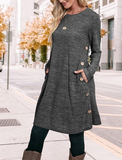 Langärmeliges Tunika-Kleid für Damen, Herbst-Outfits mit Taschen und Knöpfen, GRAU, XX-Large